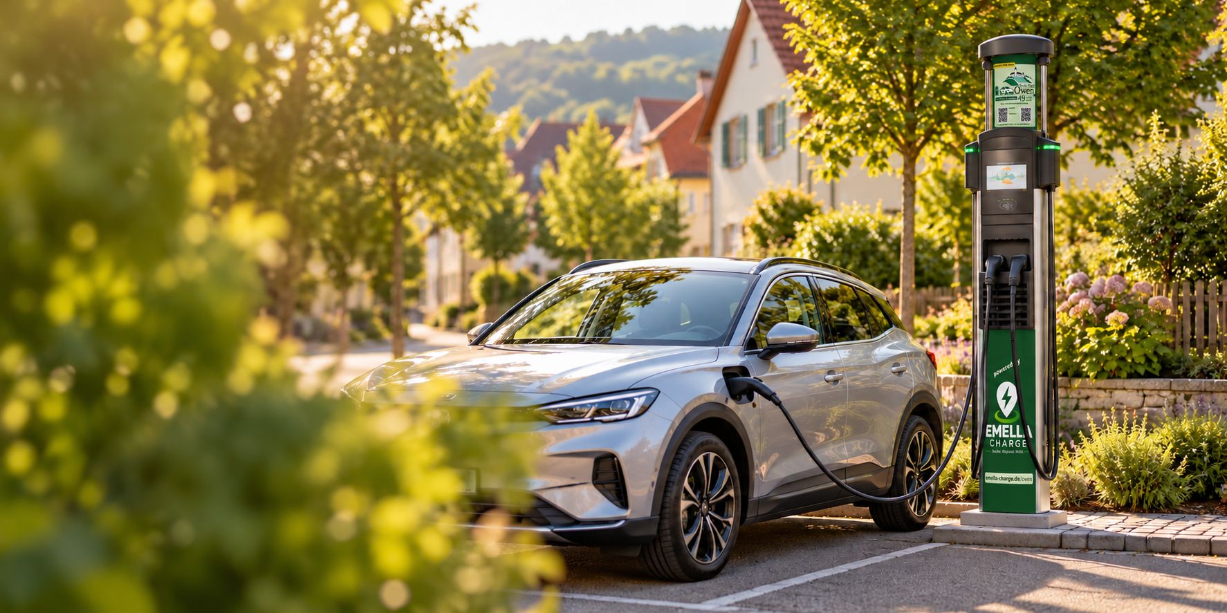 Elektroauto lädt an einer Emella-Ladesäule im Wohngebiet